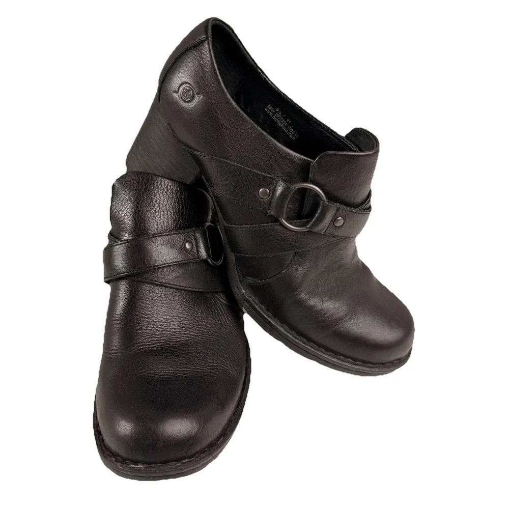 Born Dollie Women 9.5 Platform Ankle Bootie Black Leather Block Heel Clogs Shoes